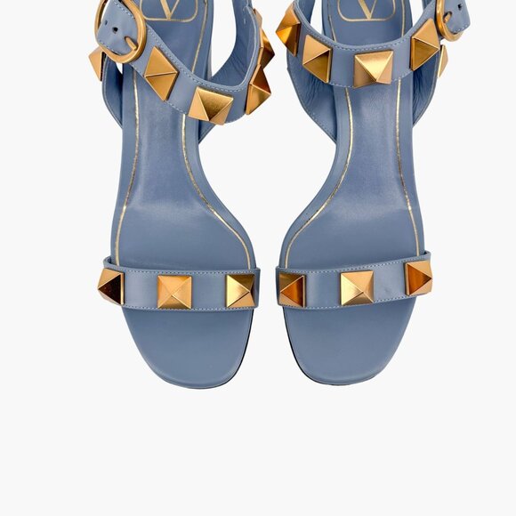 Valentino Garavani Roman Stud Block Heel Sandals Blue Leather Size 39 US 9 - Picture 3 of 15